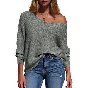 Women's Oversized Cotton V-Neck Sweater Off Shoulder Casual Fall Winter